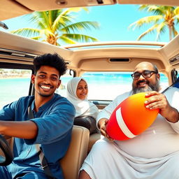 A Muslim family enjoying a trip in a microbus driven by a young man with brown skin and a thin body