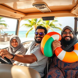 A Muslim family enjoying a trip in a microbus driven by a young man with brown skin and a thin body