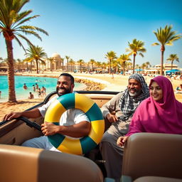 A Muslim family enjoying a ride in a microbus driven by a young man with brown skin and a thin body