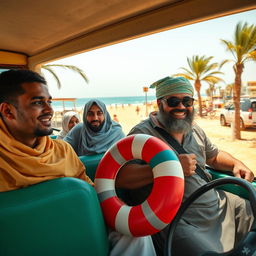 A Muslim family enjoying a ride in a microbus driven by a young man with brown skin and a thin body