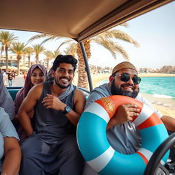 A Muslim family enjoying a ride in a microbus driven by a young man with brown skin and a thin body