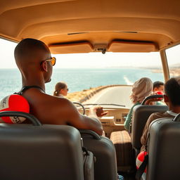 A brown-skinned, thin-bodied man skillfully driving a microbus along Egypt's picturesque coastal road