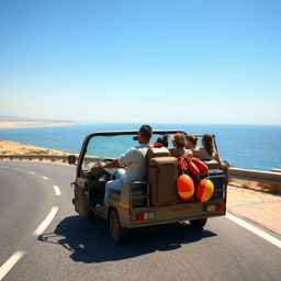 A brown-skinned, thin-bodied man skillfully driving a microbus along Egypt's picturesque coastal road