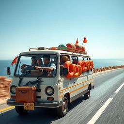 A brown-skinned, thin-bodied man skillfully driving a microbus along Egypt's picturesque coastal road