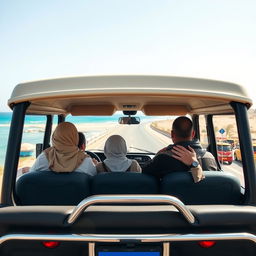 A microbus cruising along the scenic coastal road in Egypt, filled with a joyful Muslim family