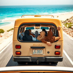 A microbus cruising along the scenic coastal road in Egypt, filled with a joyful Muslim family