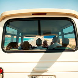 A microbus cruising along the scenic coastal road in Egypt, filled with a joyful Muslim family