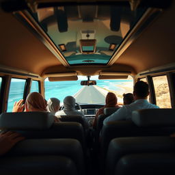 A microbus cruising along the scenic coastal road in Egypt, filled with a joyful Muslim family