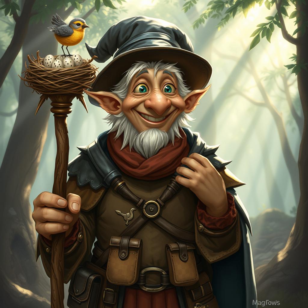 A whimsical and enchanting depiction of a joyful elderly mage-bird hybrid, featuring avian characteristics like feathers and a beak, while dressed in worn leather armor