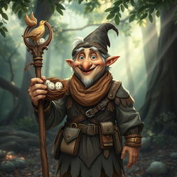 A whimsical and enchanting depiction of a joyful elderly mage-bird hybrid, featuring avian characteristics like feathers and a beak, while dressed in worn leather armor