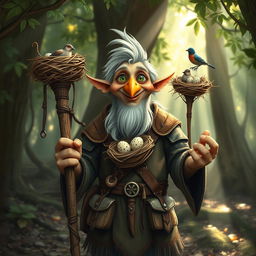 A whimsical and enchanting depiction of a joyful elderly mage-bird hybrid, featuring avian characteristics like feathers and a beak, while dressed in worn leather armor