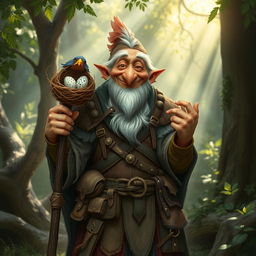 A whimsical and enchanting depiction of a joyful elderly mage-bird hybrid, featuring avian characteristics like feathers and a beak, while dressed in worn leather armor