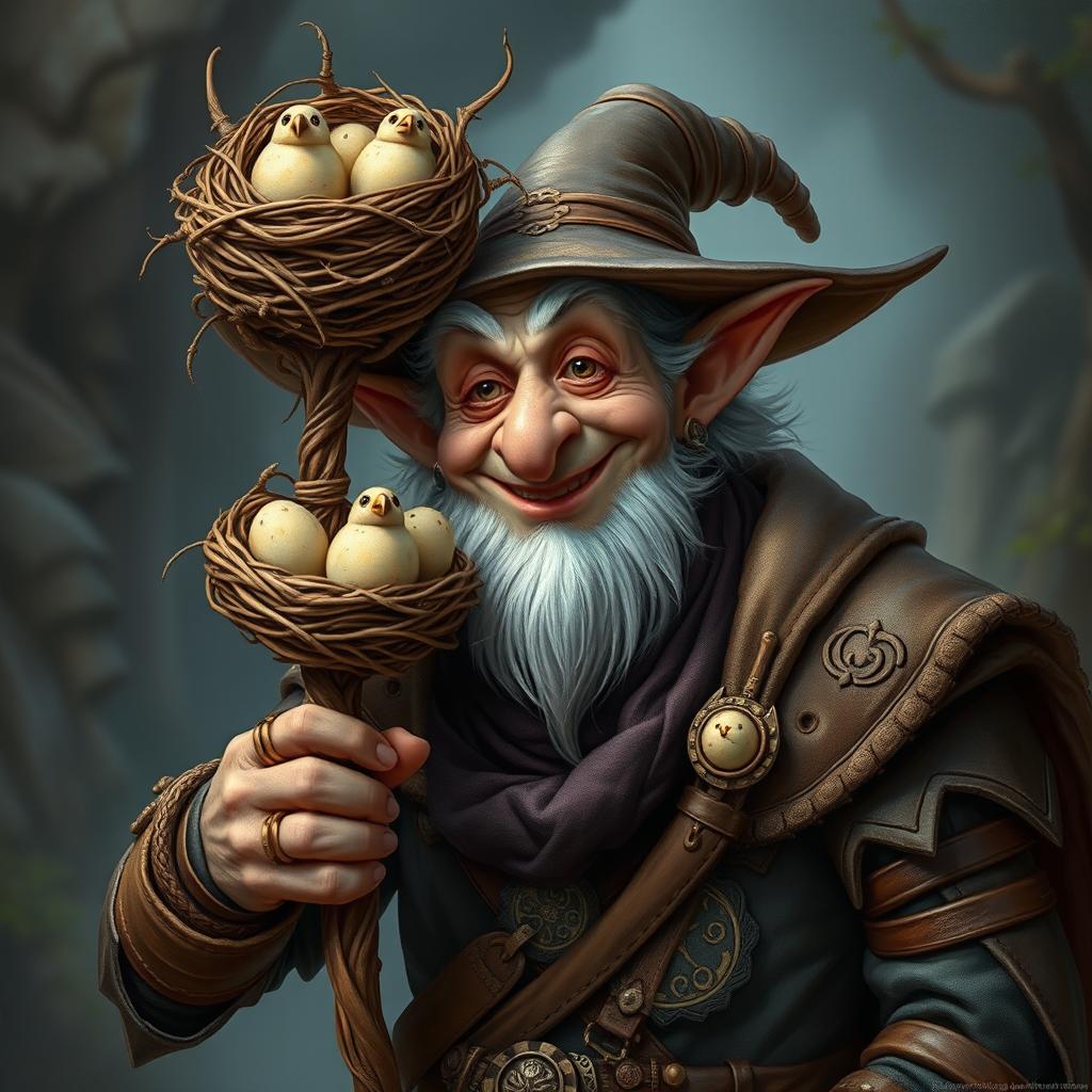 A whimsical, elderly mage with avian features, resembling a bird man, smiling warmly
