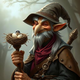 A whimsically smiling elderly mage with avian features, resembling a bird man, holding a staff topped with a bird nest, complete with delicate bird eggs nestled inside