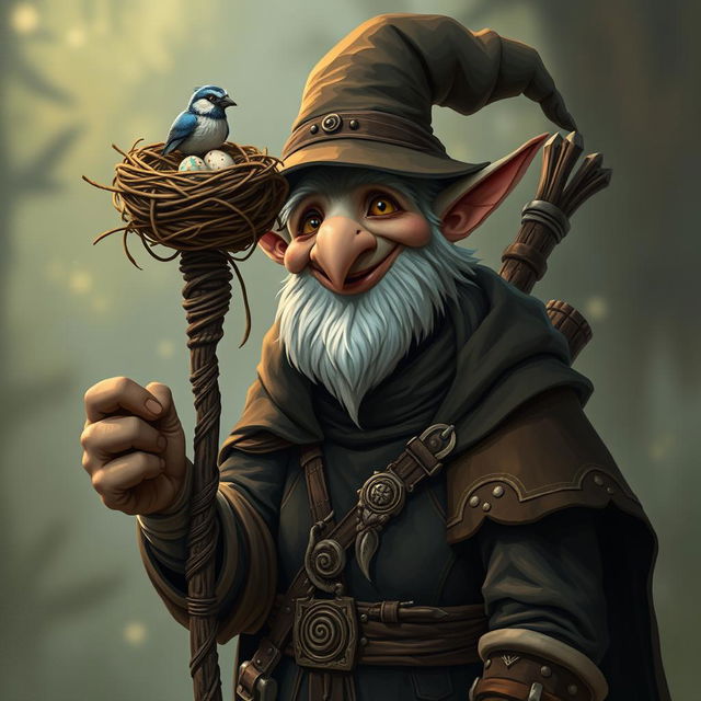 A whimsically smiling elderly mage with avian features, resembling a bird man, holding a staff topped with a bird nest, complete with delicate bird eggs nestled inside