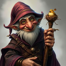 A whimsically smiling elderly mage with avian features, resembling a bird man, holding a staff topped with a bird nest, complete with delicate bird eggs nestled inside