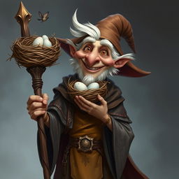 A whimsically smiling elderly mage with avian features, resembling a bird man, holding a staff topped with a bird nest, complete with delicate bird eggs nestled inside