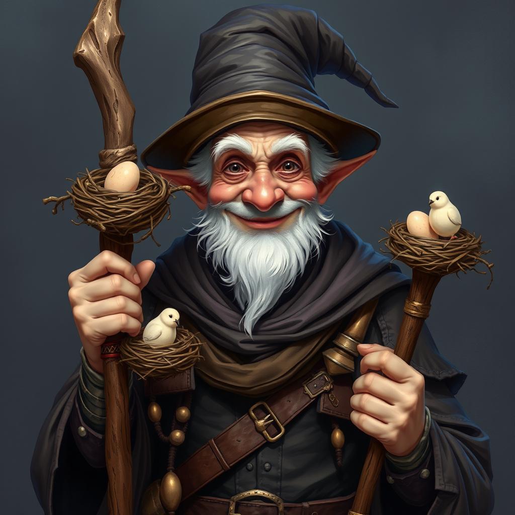 A whimsically smiling elderly mage with bird-like features, resembling a bird man, holding a staff topped with a bird nest