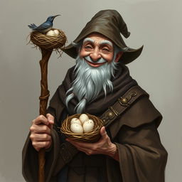 A whimsically smiling elderly mage with bird-like features, resembling a bird man, holding a staff topped with a bird nest