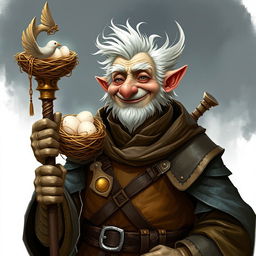 A whimsically smiling elderly mage with bird-like features, resembling a bird man, holding a staff topped with a bird nest