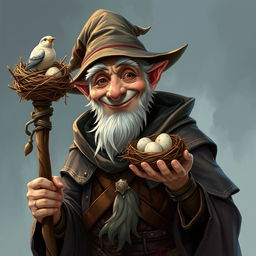 A whimsically smiling elderly mage with bird-like features, resembling a bird man, holding a staff topped with a bird nest