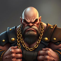 A grumpy, large bald man with a shiny bald head, exuding an intimidating presence