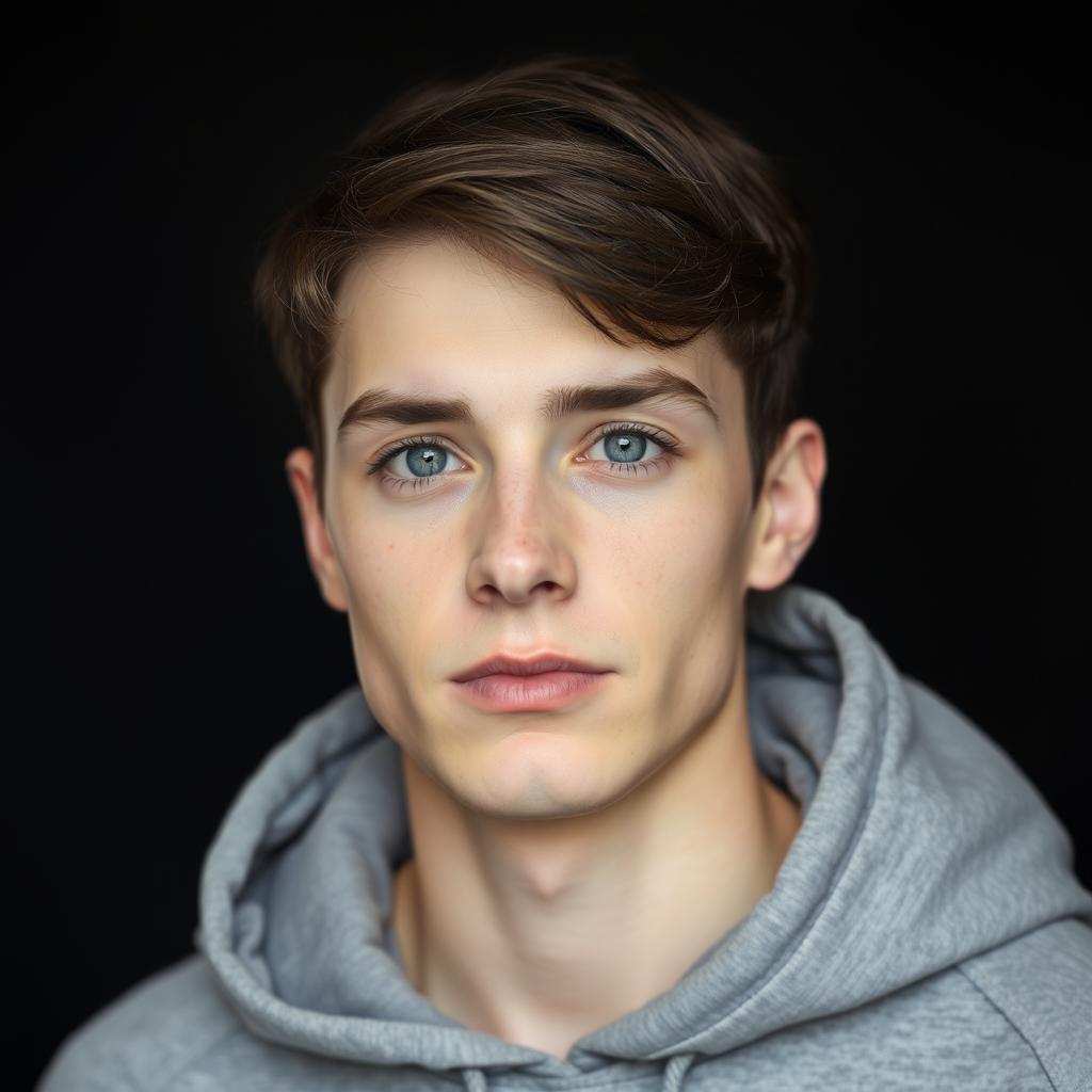 A portrait-style photograph of a young man with fair skin and short, dark brown hair