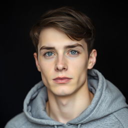 A portrait-style photograph of a young man with fair skin and short, dark brown hair