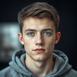 A portrait-style photograph of a young man with fair skin and short, dark brown hair