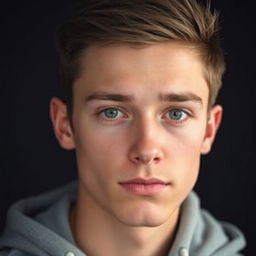 A portrait-style photograph of a young man with fair skin and short, dark brown hair