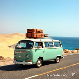 A microbus driving smoothly along the scenic coastal road in Egypt, loaded with suitcases carefully strapped on top