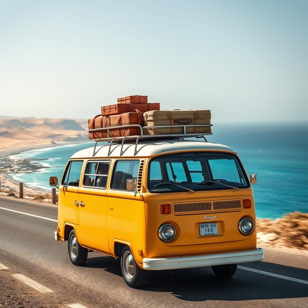 A microbus driving smoothly along the scenic coastal road in Egypt, loaded with suitcases carefully strapped on top