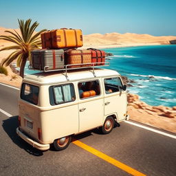 A microbus driving smoothly along the scenic coastal road in Egypt, loaded with suitcases carefully strapped on top