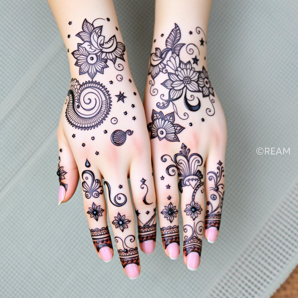 A captivating mehendi design for hands, centered around a dream theme