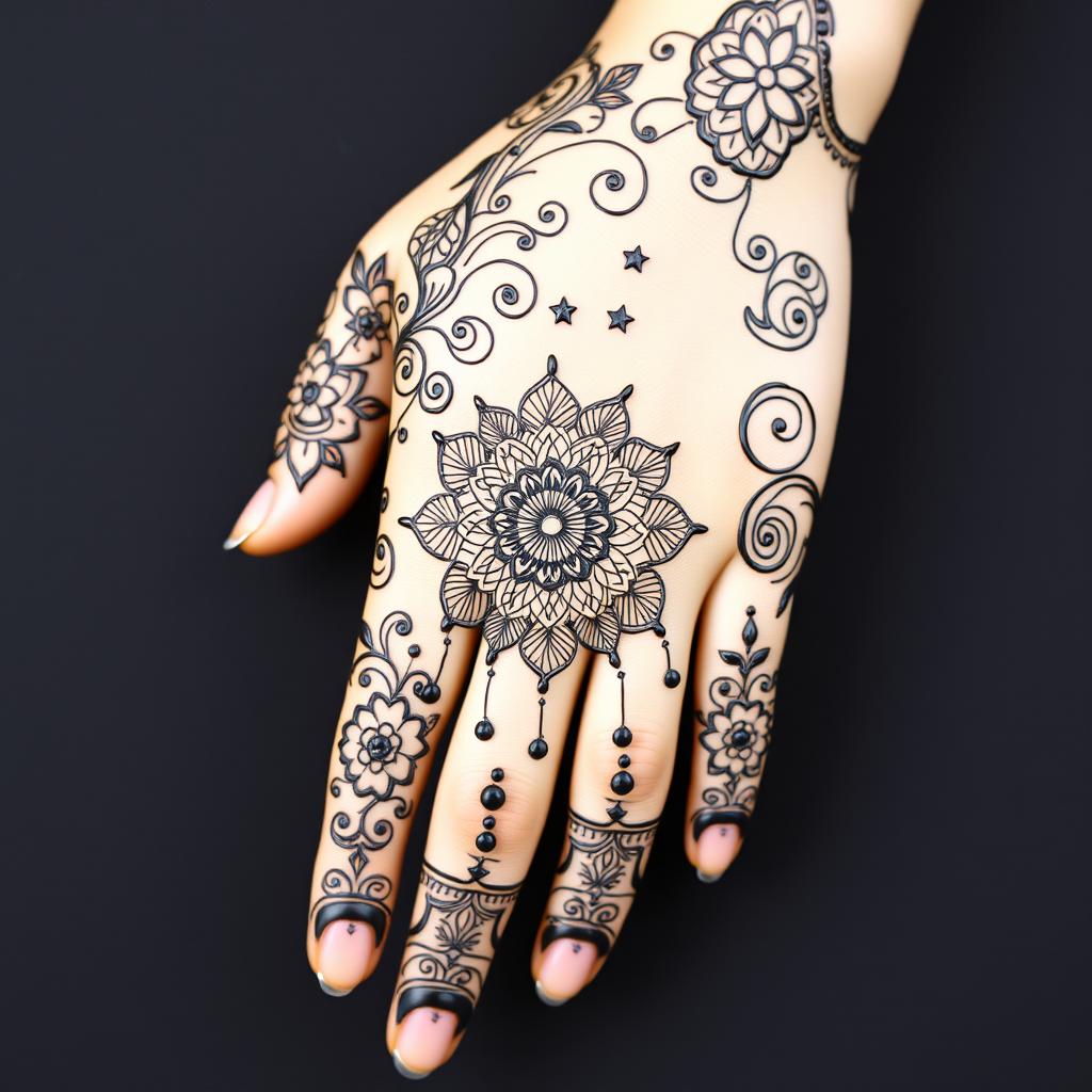 An exquisite mehendi design for the front full hand with a dream theme