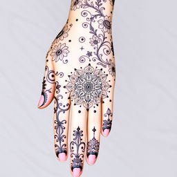 An exquisite mehendi design for the front full hand with a dream theme