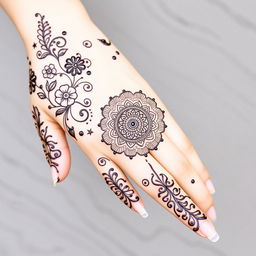 An exquisite mehendi design for the front full hand with a dream theme