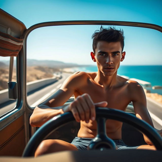 a young man with a skinny, thin body, driving a microbus on a coastal road in Egypt, captured from the front