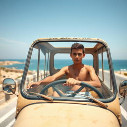 a young man with a skinny, thin body, driving a microbus on a coastal road in Egypt, captured from the front