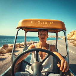 a young man with a skinny, thin body, driving a microbus on a coastal road in Egypt, captured from the front