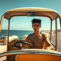 a young man with a skinny, thin body, driving a microbus on a coastal road in Egypt, captured from the front