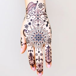 A mesmerizing mehendi design for the front full hand inspired by a dream theme