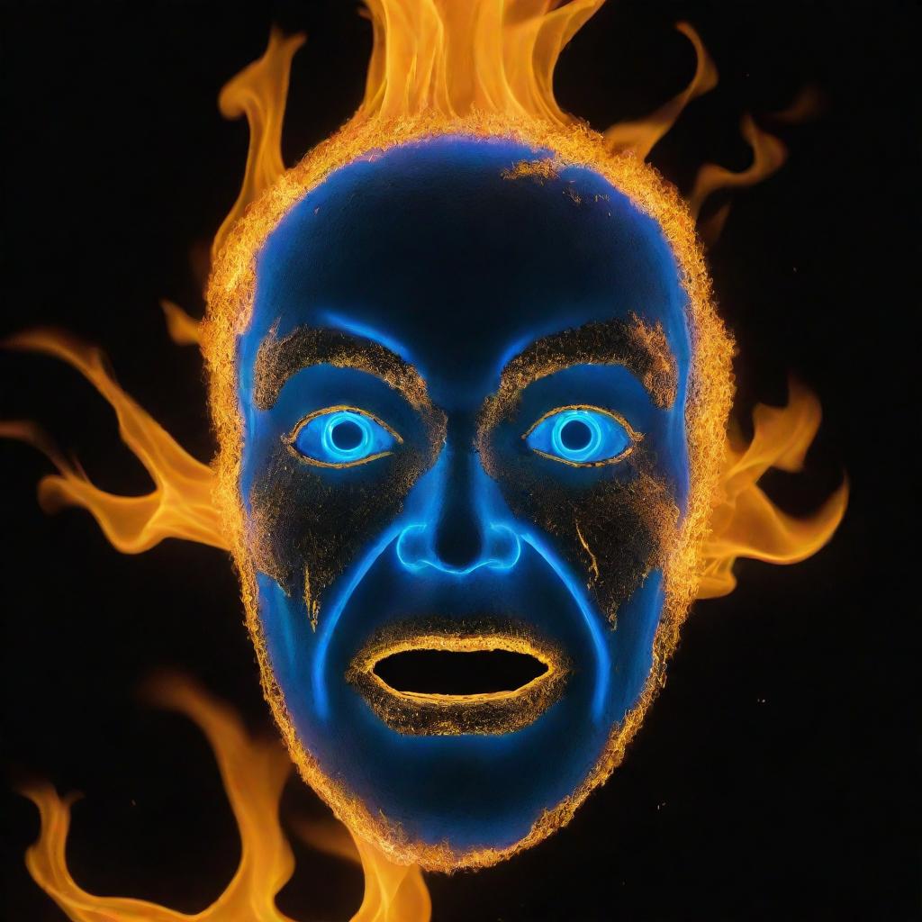 A blue and gold neon character face engulfed in flames