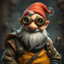 A humorous and quirky-looking dwarf character, sporting intricate mechanical goggles that add a steampunk flair to his appearance