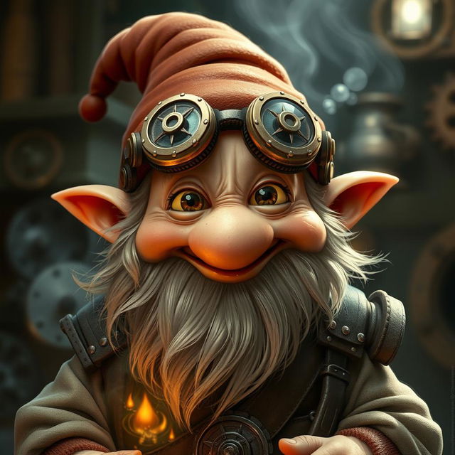 A humorous and quirky-looking dwarf character, sporting intricate mechanical goggles that add a steampunk flair to his appearance