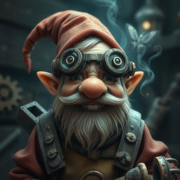 A humorous and quirky-looking dwarf character, sporting intricate mechanical goggles that add a steampunk flair to his appearance