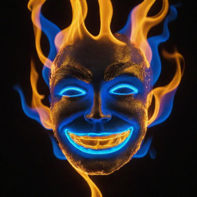 A blue and gold neon character face engulfed in flames