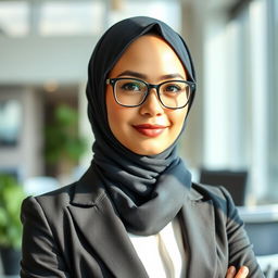 A professional woman wearing a hijab and glasses, embodying confidence and elegance in a modern office setting