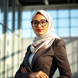 A professional woman wearing a hijab and glasses, embodying confidence and elegance in a modern office setting