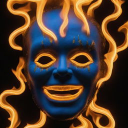 A blue and gold neon character face engulfed in flames